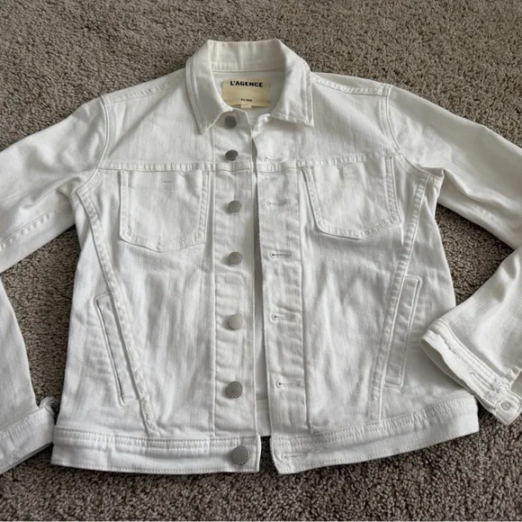 L’AGENCE Distressed White Stretch Denim Jacket Size XS MSRP $350 - Picture 3 of 8